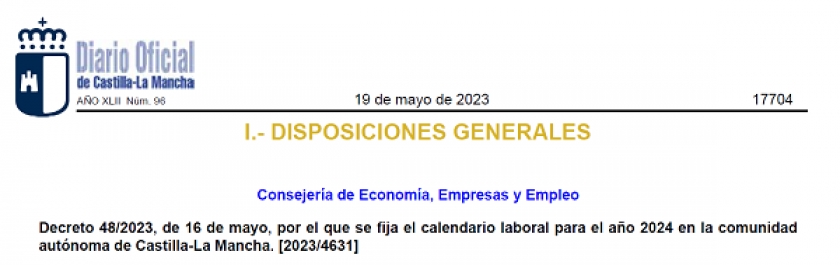 Publicación Calendario Laboral 2024 DOCM – Decreto 48/2023