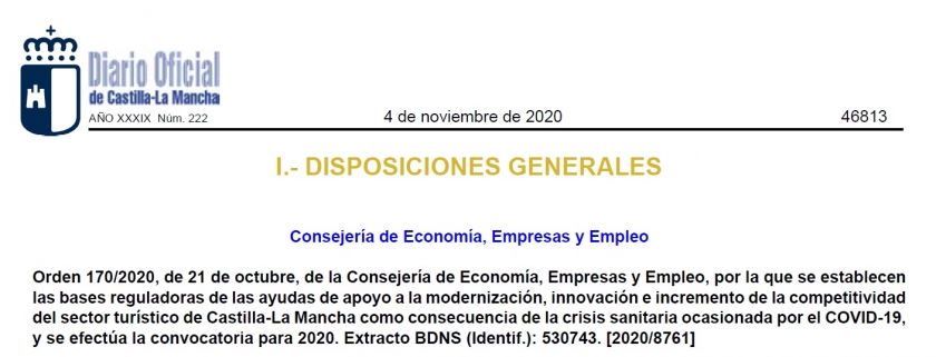 Publicación Orden 170/2020 de Ayudas al Sector Turístico JCCM – DOCM 4/11/2020