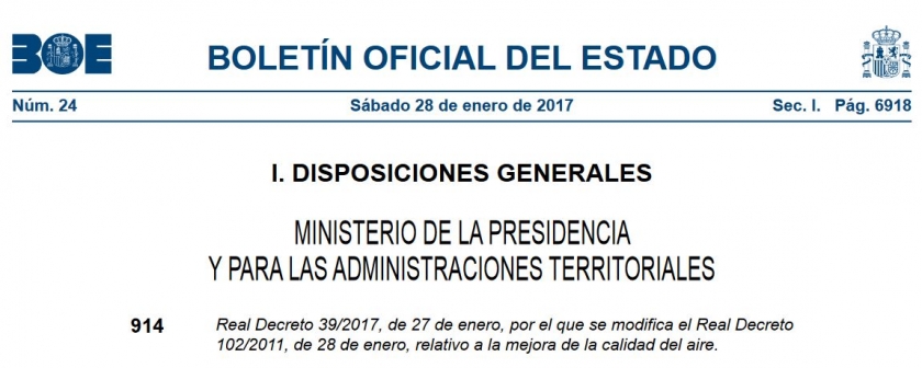 Real Decreto 39/2017, relativo a la mejora de la calidad del aire