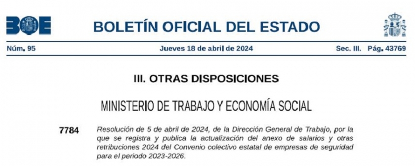 PUBLICADA RESOLUCIÓN 5.04.2024–ACTA COMISIÓN PARITARIA DEL CONVENIO COLECTIVO ESTATAL EMPRESAS DE SEGURIDAD 2023-2026 BOE 18/04/2024