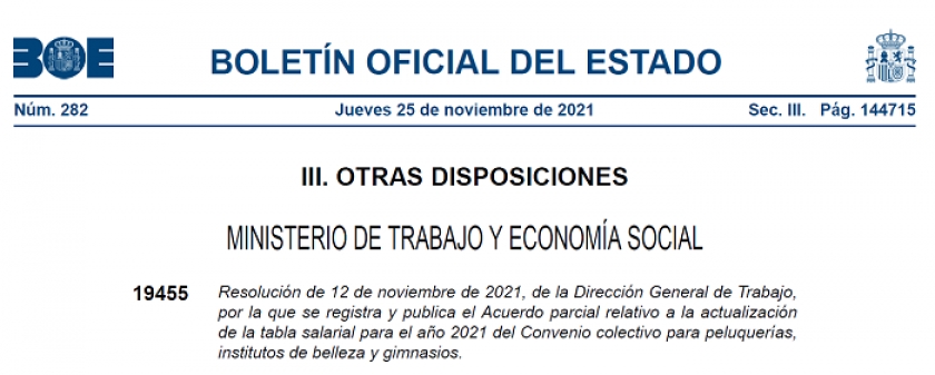 Actualización Tabla salarial 2021. Convenio colectivo para peluquerías, institutos de belleza y gimnasios