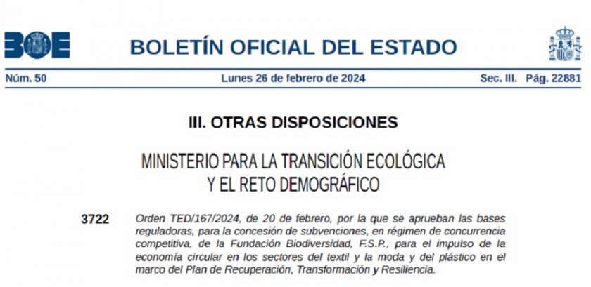 Publicación de las bases reguladoras para la concesión de subvenciones para el impulso de la economía circular en los sectores del textil y la moda, y del plástico