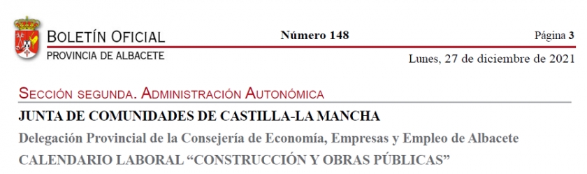 Publicado el calendario laboral de la construcción y obras públicas para 2022