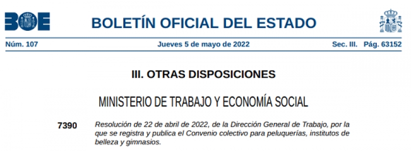 Resolución de 22 de abril de 2022, Dirección General de Trabajo, Convenio Colectivo para Peluquerías, Institutos de Belleza y Gimnasios