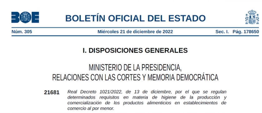 Publicado Real Decreto 1021/2022 por el que se regulan determinados requisitos en materia de higiene de la producción y comercialización de los productos alimenticios en establecimientos de comercio al por menor.