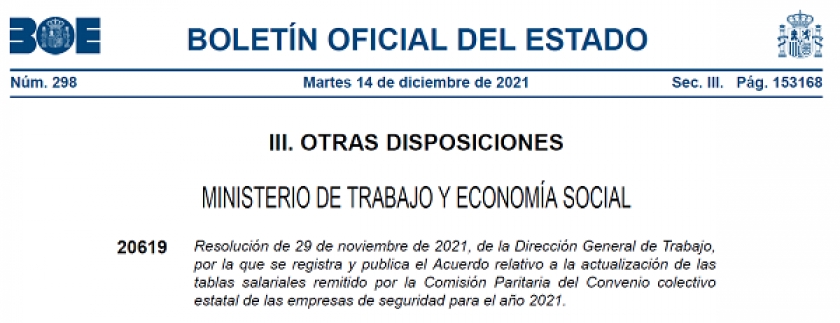 ACTUALIZACION TABLAS SALARIALES 2021. CONVENIO COLECTIVO ESTATAL DE LAS EMPRESAS DE SEGURIDAD