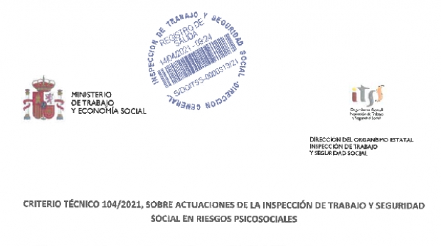 Fotografía de Criterio Técnico nº 104/2021, sobre actuaciones de la Inspección de Trabajo y Seguridad Social en Riesgos Psicosociales, ofrecida por FEDA