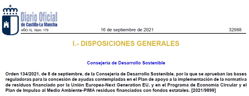 ORDEN 134/2021 BASES REGULADORAS AYUDAS IMPLEMENTACIÓN NORMATIVA DE RESIDUOS (NEXT GENERATION)