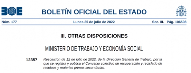 Fotografía de RESOLUCIÓN 12/07/2022, DE LA DIRECCIÓN GRAL. DE TRABAJO, POR LA QUE SE REGISTRA Y PUBLICA EL CONVENIO COLECTIVO DE RECUPERACIÓN Y RECICLADO DE RESIDUOS Y MATERIAS PRIMAS SECUNDARIAS, ofrecida por FEDA