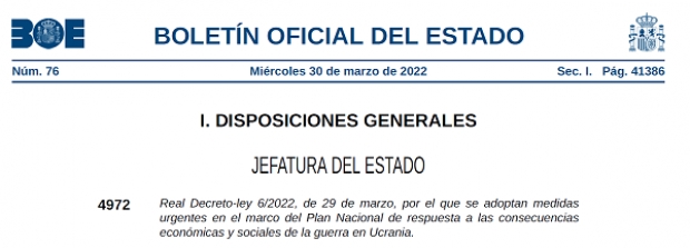 Fotografía de PUBLICACIÓN REAL DECRETO-LEY 6/2022 MEDIDAS URGENTES PLAN NACIONAL DE RESPUESTA GUERRA DE UCRANIA., ofrecida por FEDA