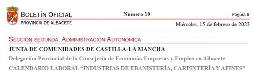 Publicado el calendario laboral para las &quot;Industrias de ebanistería, carpintería y afines&quot;