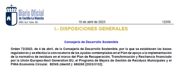 Fotografía de Orden 72/2023, de 4 de abril, bases y convocatoria de las ayudas del Plan de apoyo a la implementación de la normativa de residuos en el marco del Plan de Recuperación, Transformación y Resiliencia financiado por la Unión Europea-Next Generation EU,, ofrecida por FEDA