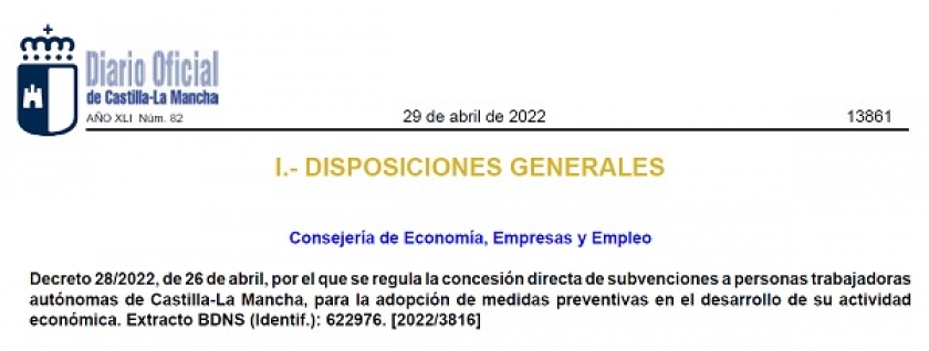 DECRETO 28/2022, CONCESIÓN DIRECTA DE SUBVENCIONES A PERSONAS TRABAJADORAS AUTÓNOMAS PARA ASISTIR A CURSOS DE FORMACIÓN DE EN PRL