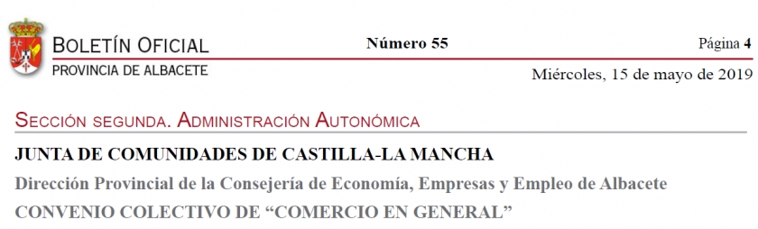 PUBLICADO EL CONVENIO COLECTIVO DE “COMERCIO EN GENERAL” BOP 15/05/2019