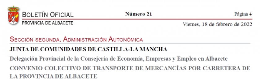 PUBLICADO EL CONVENIO COLECTIVO DE TRANSPORTE DE MERCANCÍAS POR CARRETERA DE LA PROVINCIA DE ALBACETE