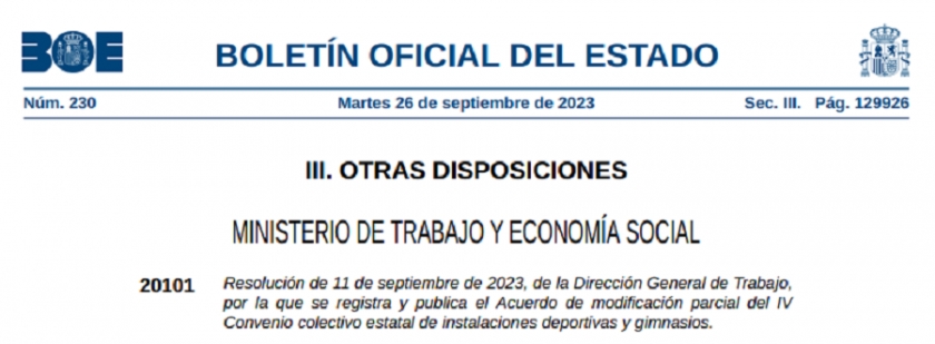 ACUERDO DE MODIFICACIÓN PARCIAL IV CONVENIO COLECTIVO ESTATAL INSTALACIONES DEPORTIVAS Y GIMNASIOS