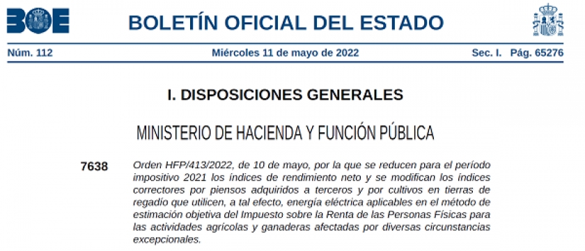 REDUCCIÓN DEL ÍNDICE DE RENDIMIENTO NETO DE ACTIVIADES AGRÍCOLAS Y GANADERAS PARA EL PERÍODO IMPOSITIVO 2021