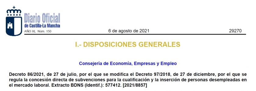 DECRETO 86/2021. CONCESION DIRECTA DE SUBVENCIONES PARA LA CUALIFICACION Y LA INSERCION DE PERSONAS DESEMPLEADAS EN EL MERCADO LABORAL