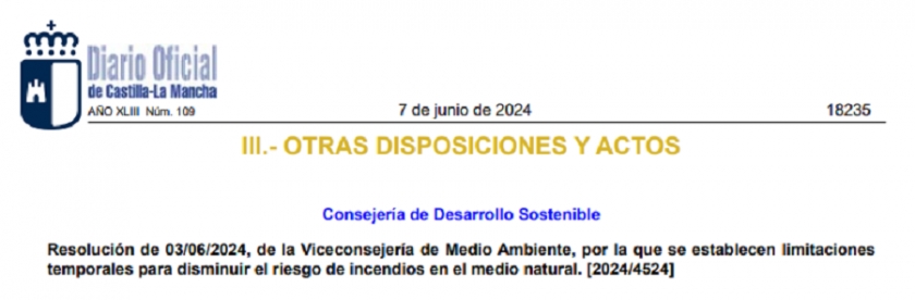 Resolución 03/06/2024, por la que se establecen limitaciones temporales para disminuir el riesgo de incendios C-LM