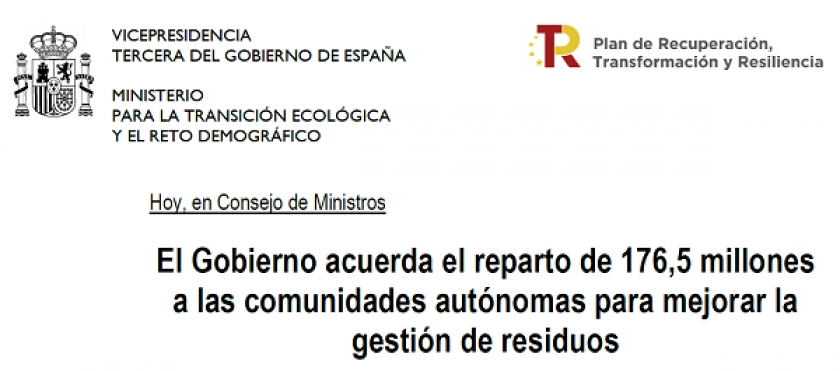 El Gobierno acuerda el reparto de 176,5 M a las comunidades autónomas para mejorar la gestión de residuos