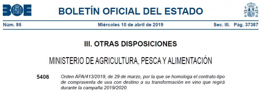 PUBLICACIÓN DEL CONTRATO-TIPO HOMOLOGADO PARA OPERACIONES DE COMPRAVENTA DE UVA CON DESTINO A SU TRANSFORMACIÓN EN VINO (2019-2020)