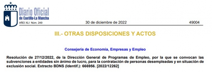 AYUDAS A ASOCIACIONES, FUNDACIONES Y OTRAS ENTIDADES SIN ÁNIMO DE LUCRO PARA LA CONTRATACIÓN TEMPORAL DE PERSONAS DESEMPLEADAS Y EN EXCLUSIÓN SOCIAL.