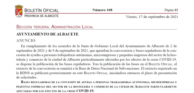 Fotografía de Publicación Bases Reguladoras y Convocatoria  - Concesión ayudas hostelería, comercio minorista y otros sectores de la ciudad de Albacete. BOP 17/09/2021 - BOP 22/09/2021, ofrecida por FEDA