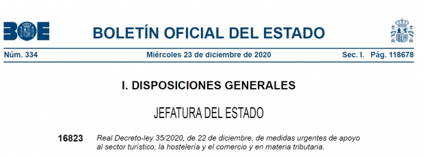 Fotografía de Publicación Real Decreto Ley 35/2020, de medidas urgentes de apoyo al sector turístico, la hostelería y el comercio y en materia tributaria., ofrecida por FEDA