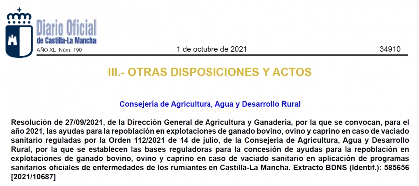 RESOLUCIÓN DE 27/09/2021, DE LA DIRECCIÓN GRAL DE AGRICULTURA Y GANADERÍA, SE CONVOCAN AYUDAS PARA LA REPOBLACIÓN EN EXPLOTACIONES DE GANADO BOBINO, OVINO Y CAPRINO.