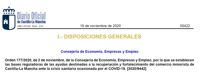 Publicación bases reguladoras de Ayudas destinadas a la recuperación y fortalecimiento del Comercio Minorista – Orden 177/2020 JCCM.