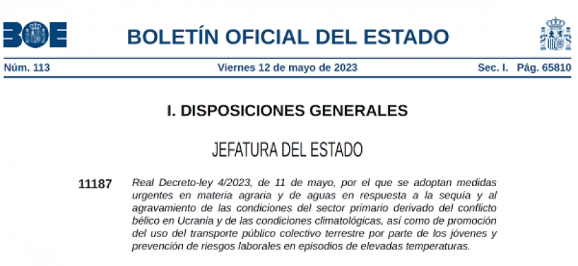 Real Decreto-ley 4/2023, de 11 de mayo, por el que se adoptan medidas urgentes en materia, entre otras, de prevención de riesgos laborales en episodios de elevadas temperaturas