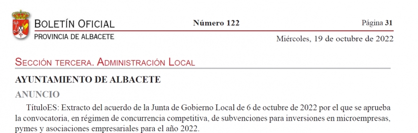 Convocatoria de subvenciones para inversiones en microempresas, pymes y asociaciones empresariales para el año 2022.