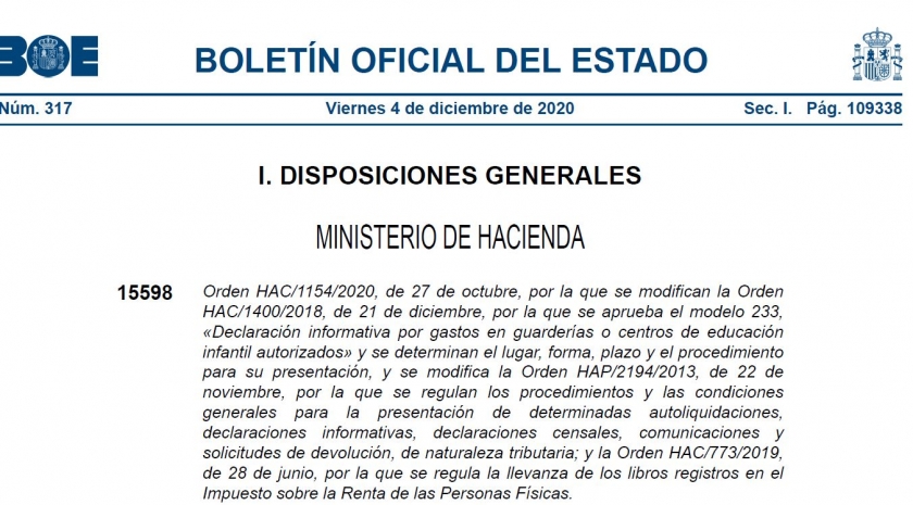 Publicada Orden 1154/2020 sobre Declaración Informativa por gastos en Centros privados de Educación Infantil autorizados. Modelo 233.