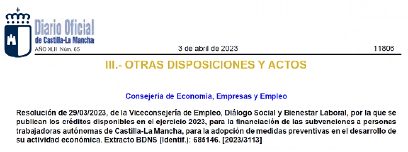 Resolución de 29/03/2023, créditos disponibles en el ejercicio 2023, para la financiación de las subvenciones a personas trabajadoras autónomas de C-LM, para la adopción de medidas preventivas en el desarrollo de su actividad económica.