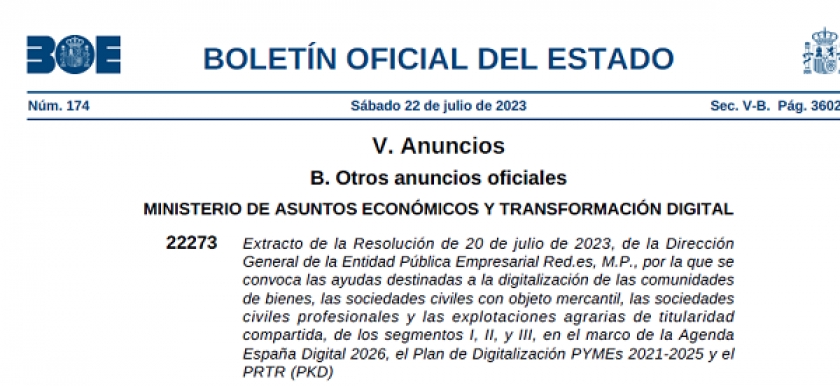 PROGRAMA KIT DIGITAL: PUBLICACIÓN CONVOCATORIA COMUNIDADES DE BIENES, SOCIEDADES CIVILES Y EXPLOTACIONES AGRARIAS.