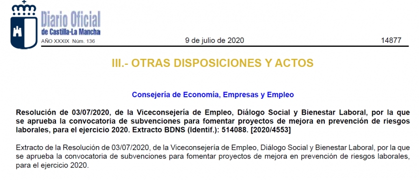 CONVOCATORIA SUBVENCIONES EN PREVENCIÓN RIESGOS LABORALES Y COVID-19