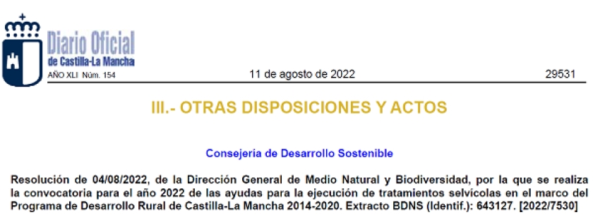 PUBLICADA RESOLUCIÓN DE 04/08/2022, DE LA DIRECCIÓN GENERAL DE MEDIO NATURAL Y BIODIVERSIDAD, CONVOCATORIA AÑO 2022 DE LAS AYUDAS PARA LA EJECUCIÓN DE TRATAMIENTOS SELVÍCOLAS.