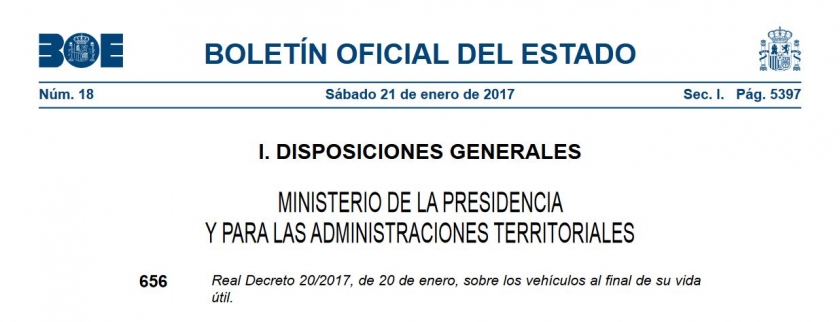 Real Decreto 20/2017, de 20 de enero, sobre los vehiculos al final de su vida útil.