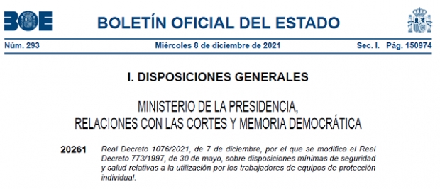 Fotografía de Real Decreto 1076/2021, por el que se modifica el R. D. 773/1997, seguridad y salud relativas a la utilización por los trabajadores de equipos de protección individual, ofrecida por FEDA