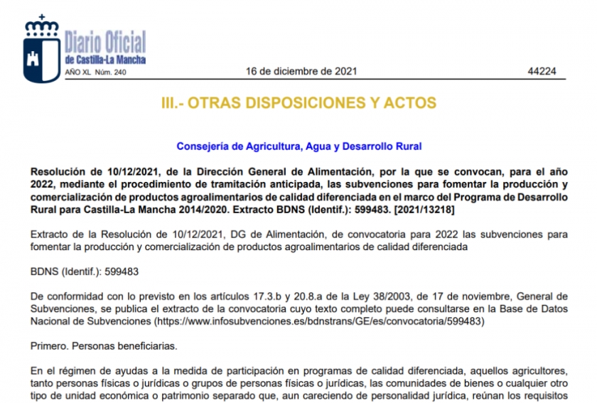 Subvenciones para fomentar la producción y  comercialización de productos agroalimentarios de calidad diferenciada.