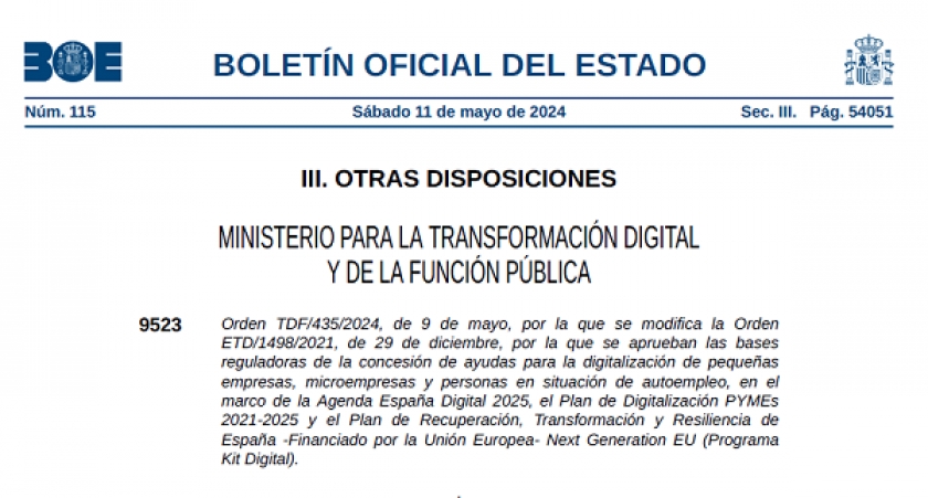 ORDEN TDF/435/2024 – Modificación bases reguladoras programa KIT DIGITAL.